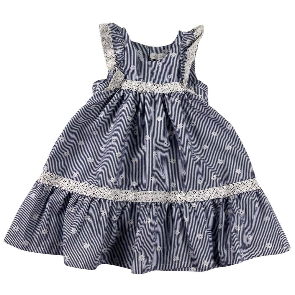 RZ Rachel Zoe Toddler Dress 3T Blue White Railroad Stripe Floral Lace Ruffle Hem
